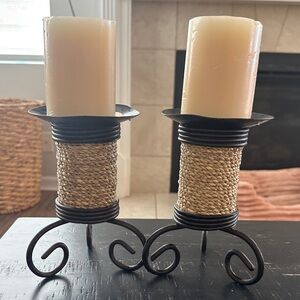 Rustic Woven Candle Holders - Black and Tan
